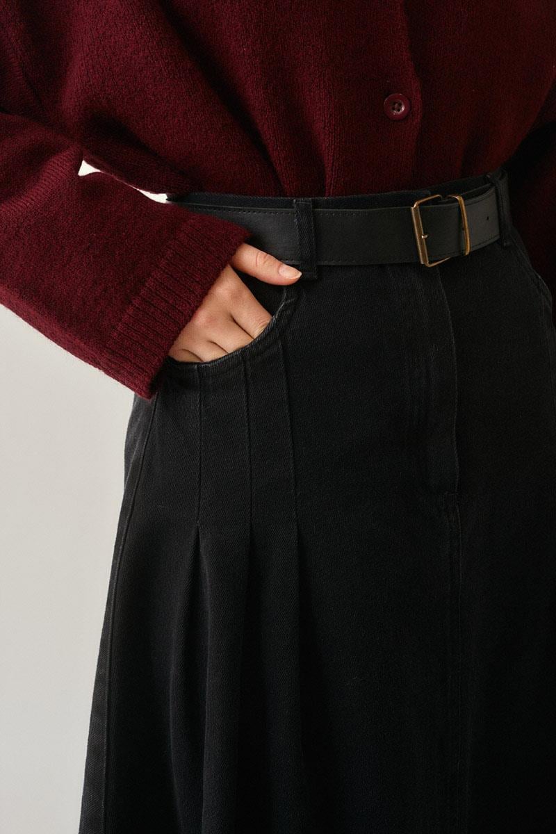 Pile Detaylı Denim Etek Siyah