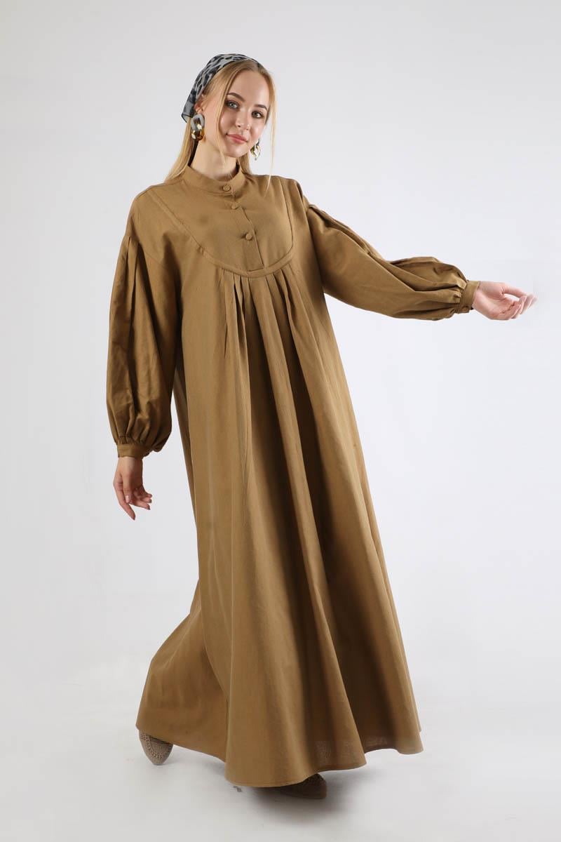 Pile Detaylı Elbise Camel