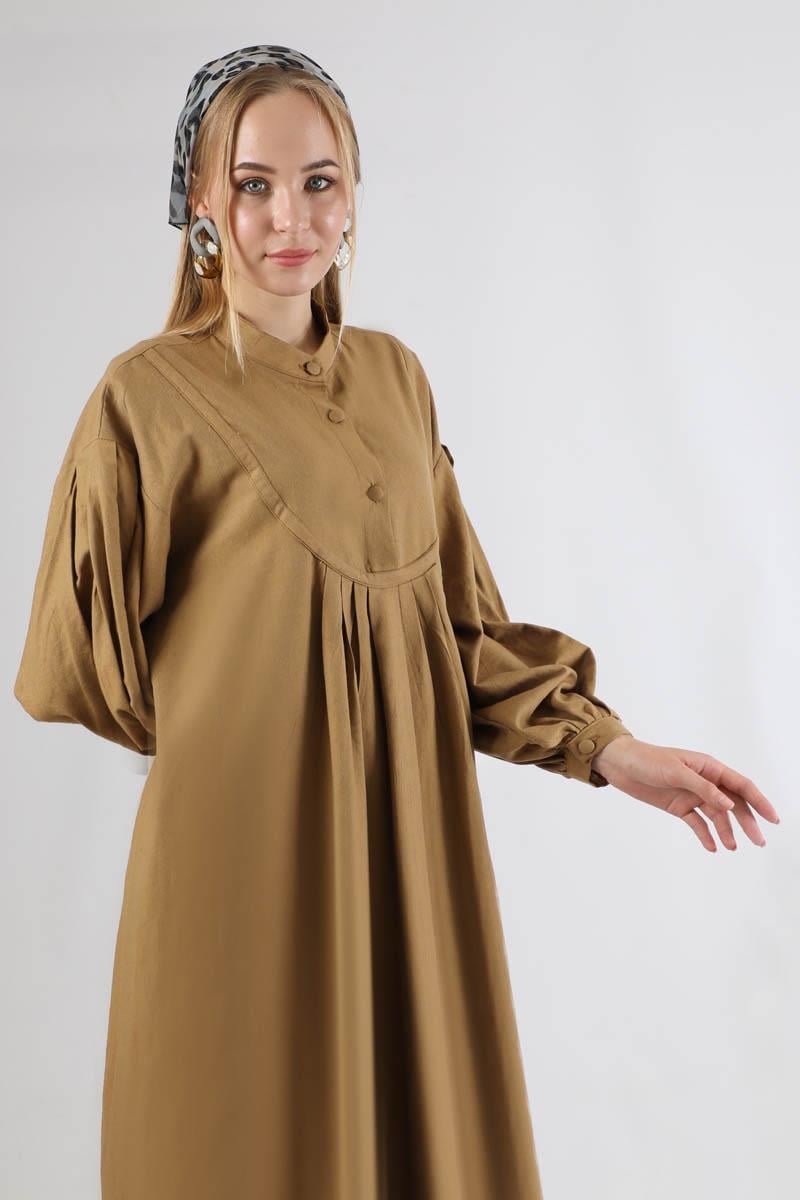 Pile Detaylı Elbise Camel