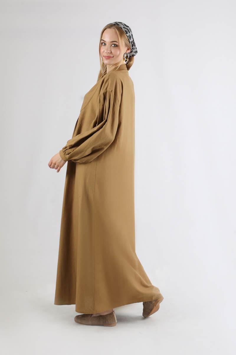Pile Detaylı Elbise Camel