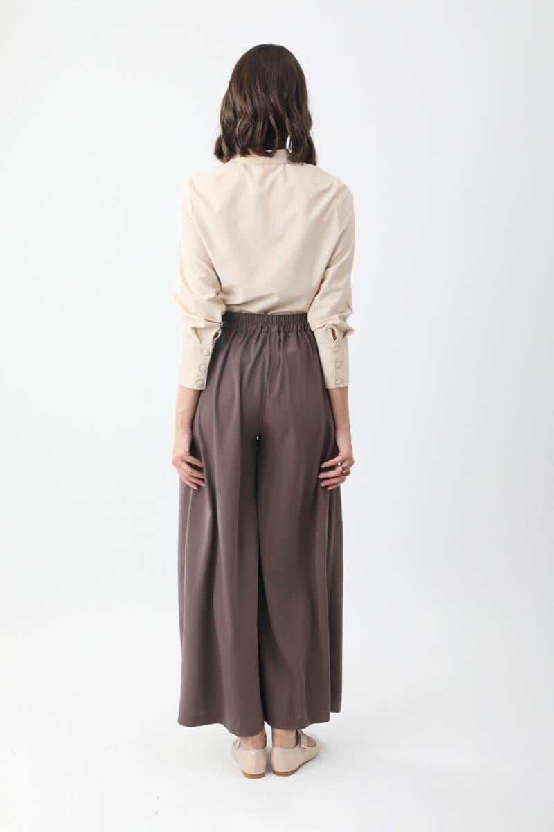 Pileli Bol Paça Pantolon Kahverengi