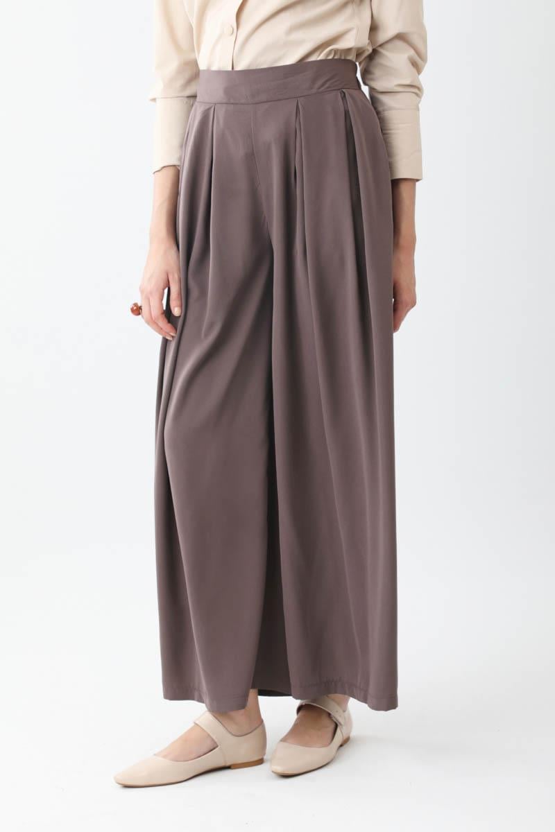 Pileli Bol Paça Pantolon Kahverengi