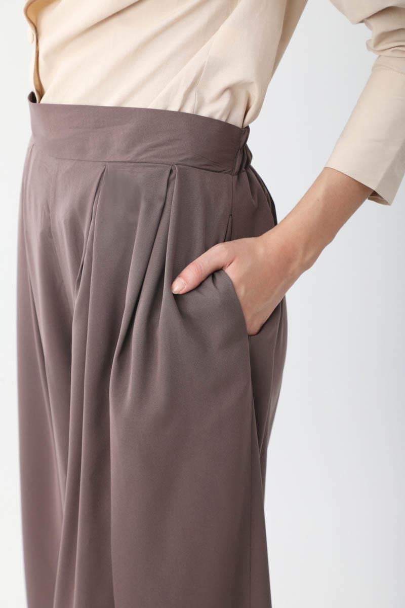 Pileli Bol Paça Pantolon Kahverengi