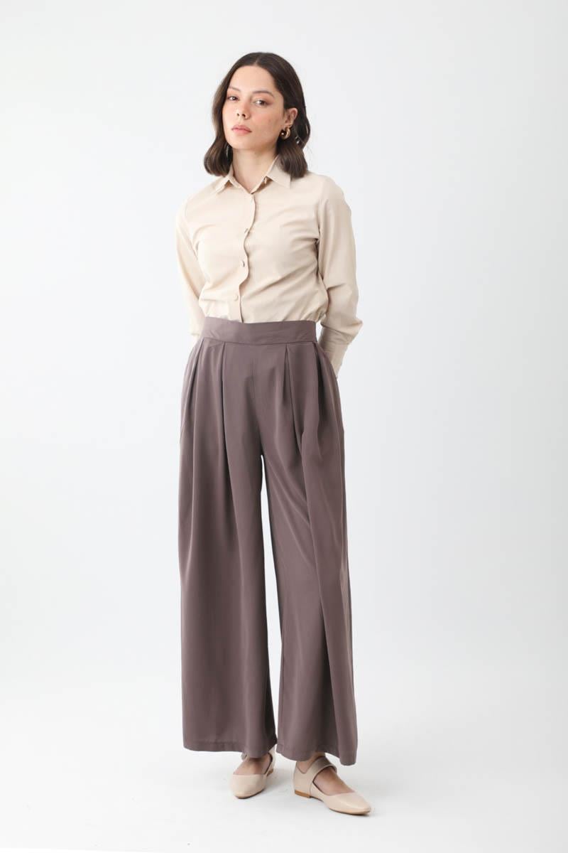 Pileli Bol Paça Pantolon Kahverengi