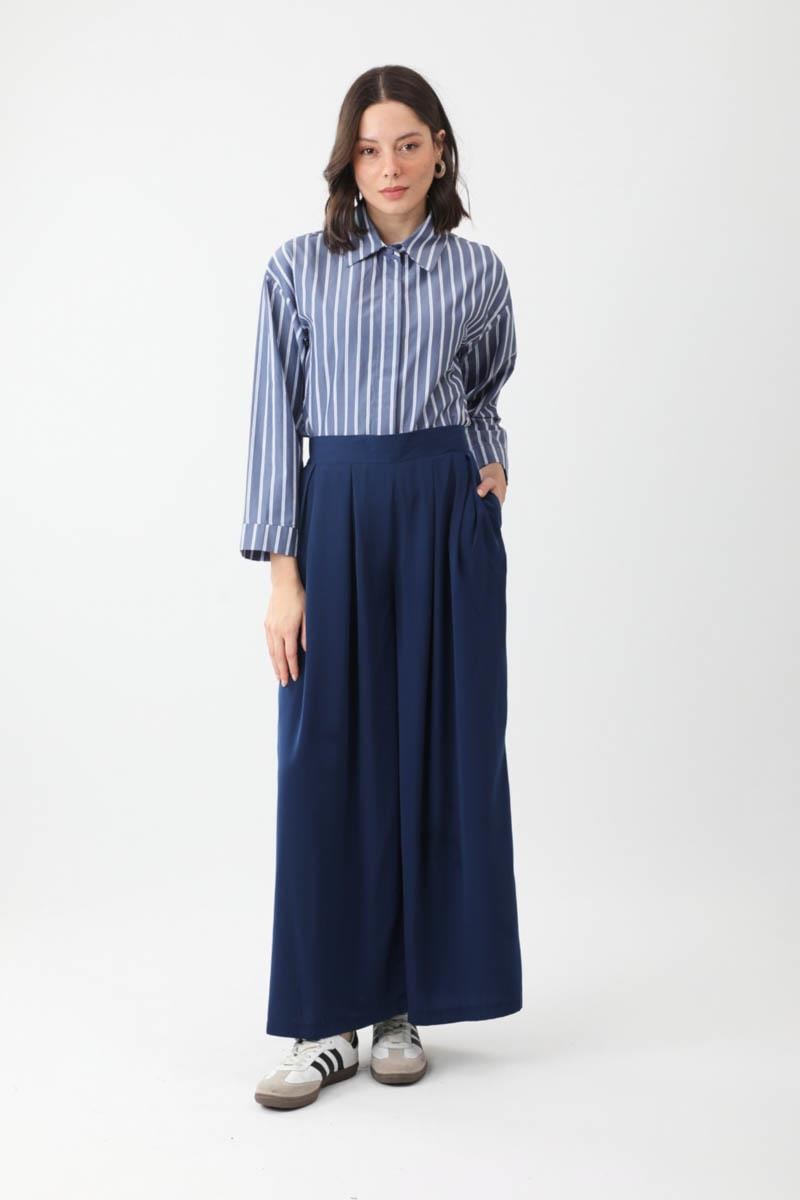 Pileli Bol Paça Pantolon Lacivert