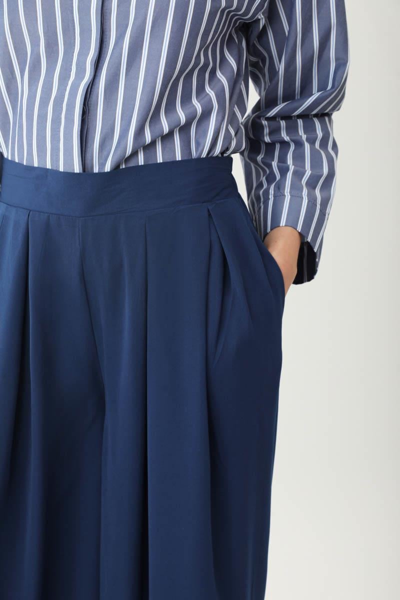 Pileli Bol Paça Pantolon Lacivert