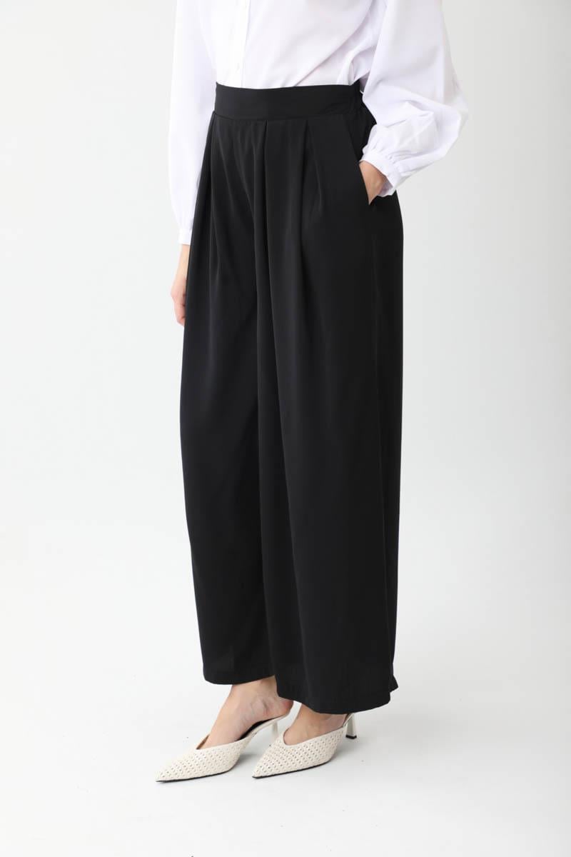 Pileli Bol Paça Pantolon Siyah