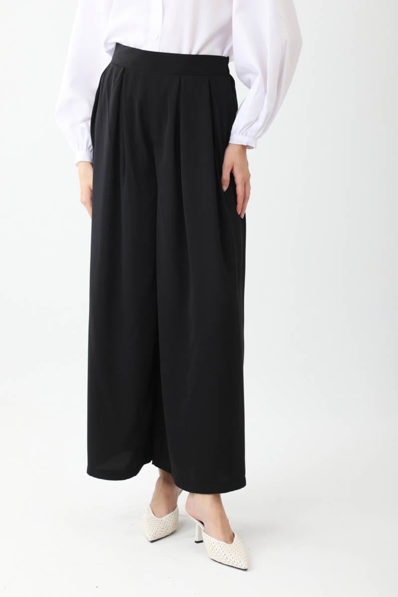 Pileli Bol Paça Pantolon Siyah