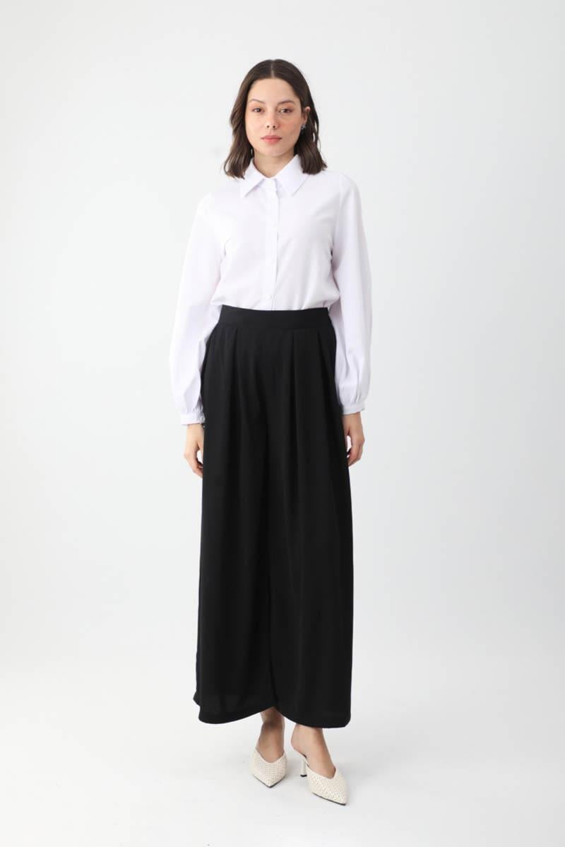 Pileli Bol Paça Pantolon Siyah