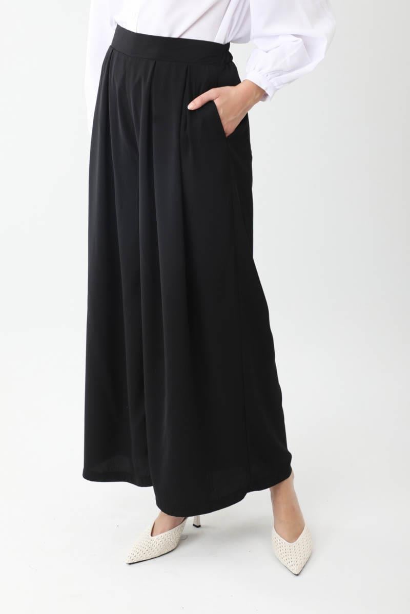 Pileli Bol Paça Pantolon Siyah