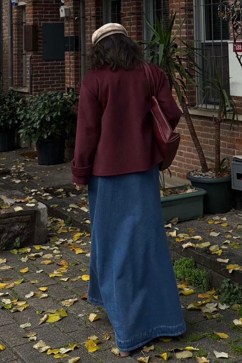 Pileli Kısa Kaban Bordo