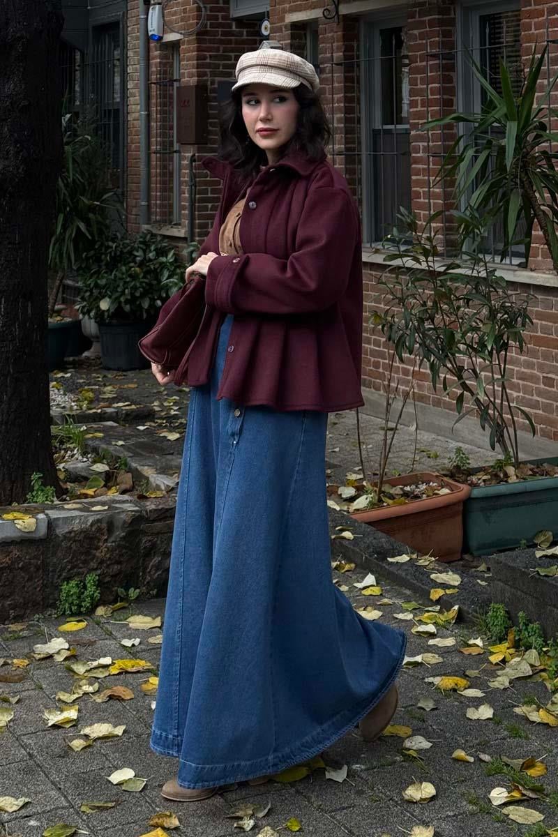 Pileli Kısa Kaban Bordo