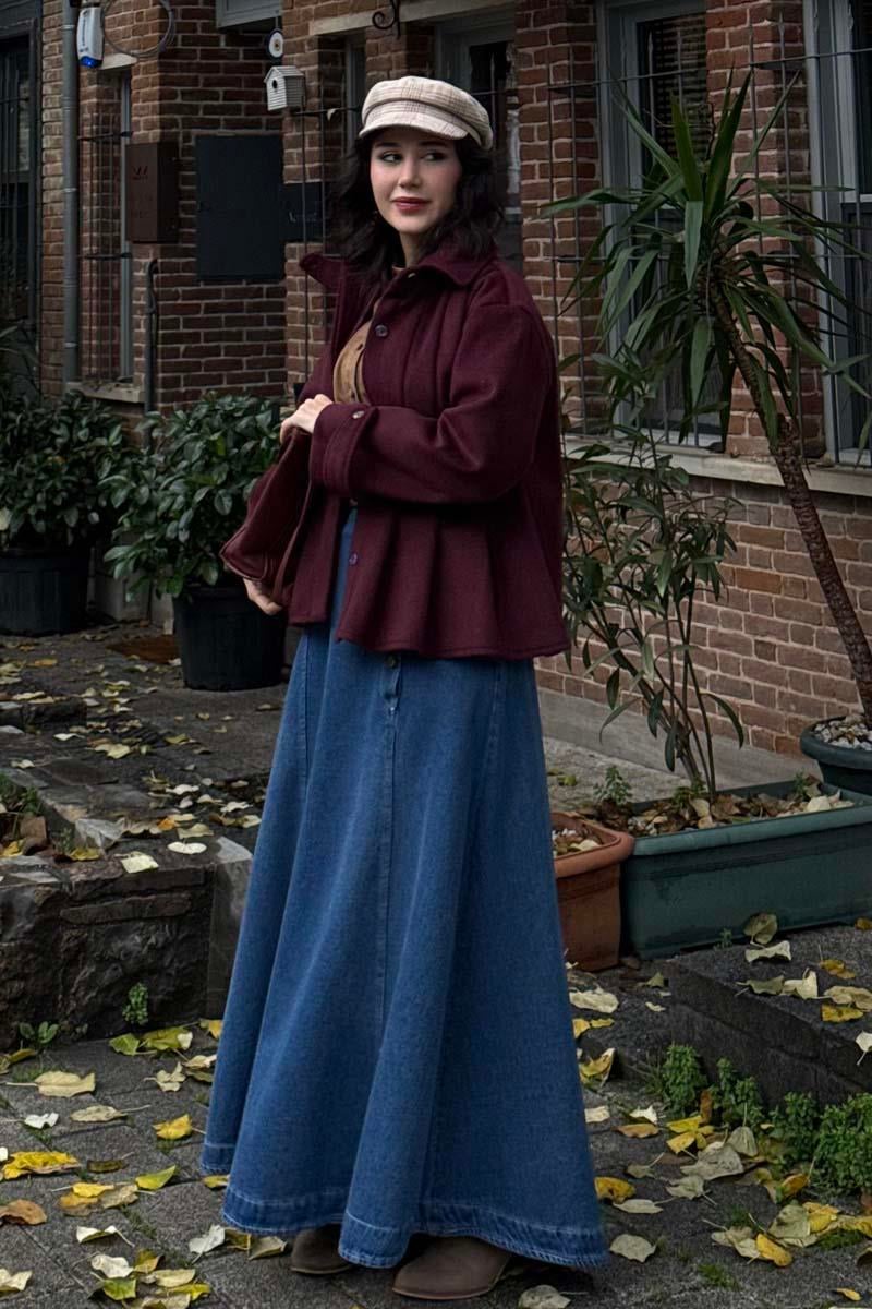 Pileli Kısa Kaban Bordo