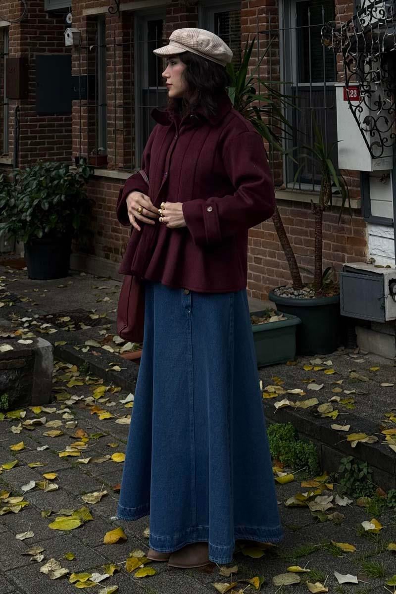 Pileli Kısa Kaban Bordo