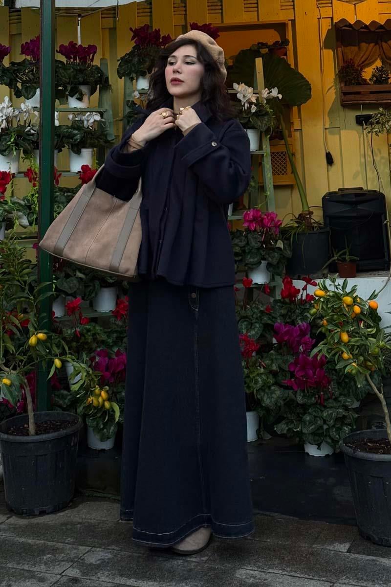 Pileli Kısa Kaban Lacivert