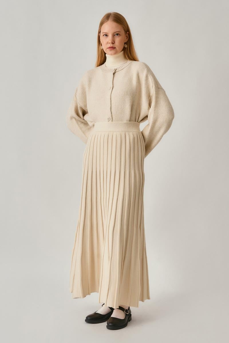 Pileli Triko Etek Ekru