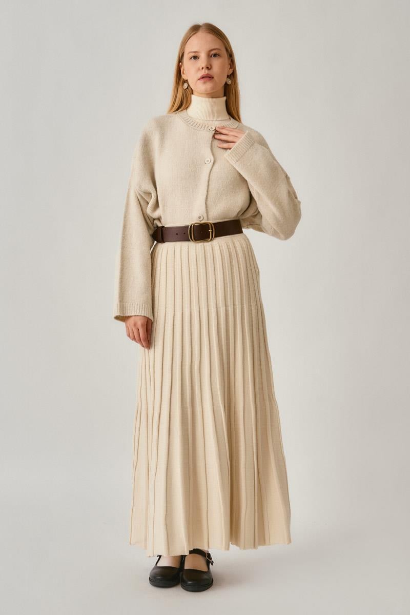 Pileli Triko Etek Ekru