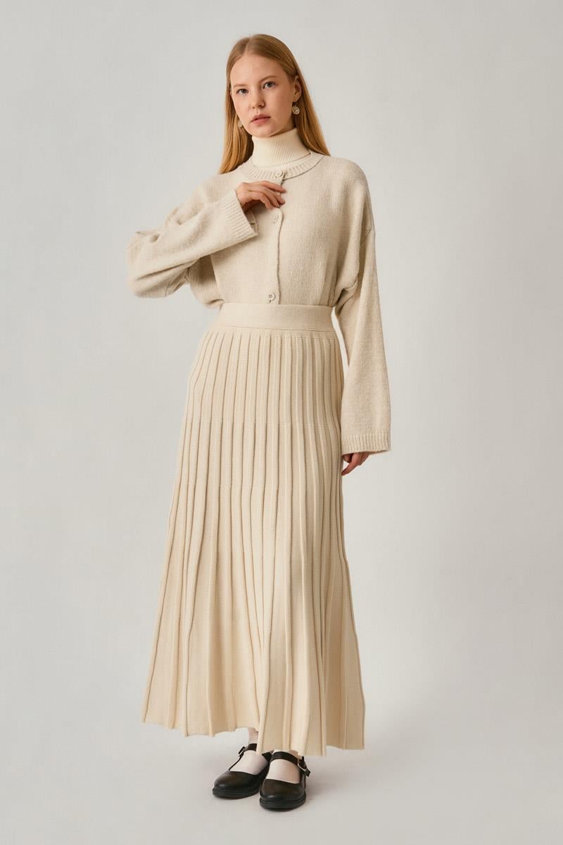 Pileli Triko Etek Ekru