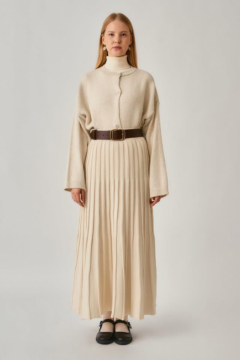 Pileli Triko Etek Ekru