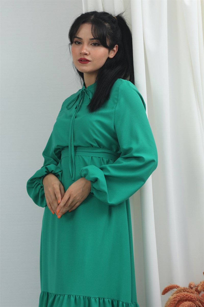 Plain Belted Dress Green