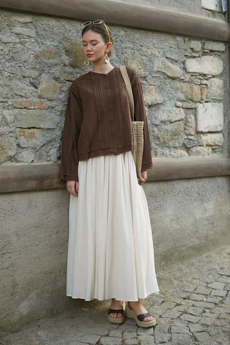 Püsküllü Kısa Gömlek Kahverengi