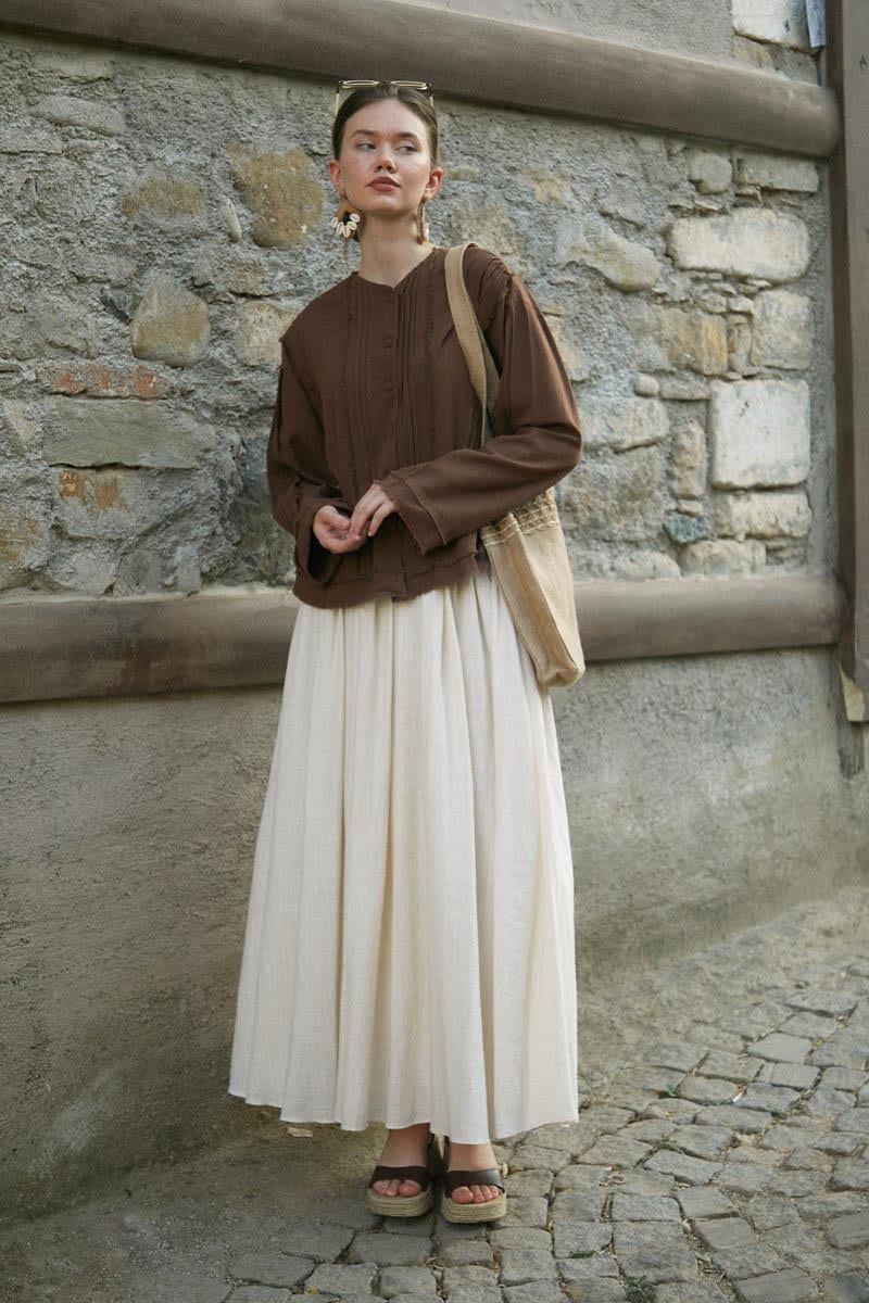 Püsküllü Kısa Gömlek Kahverengi