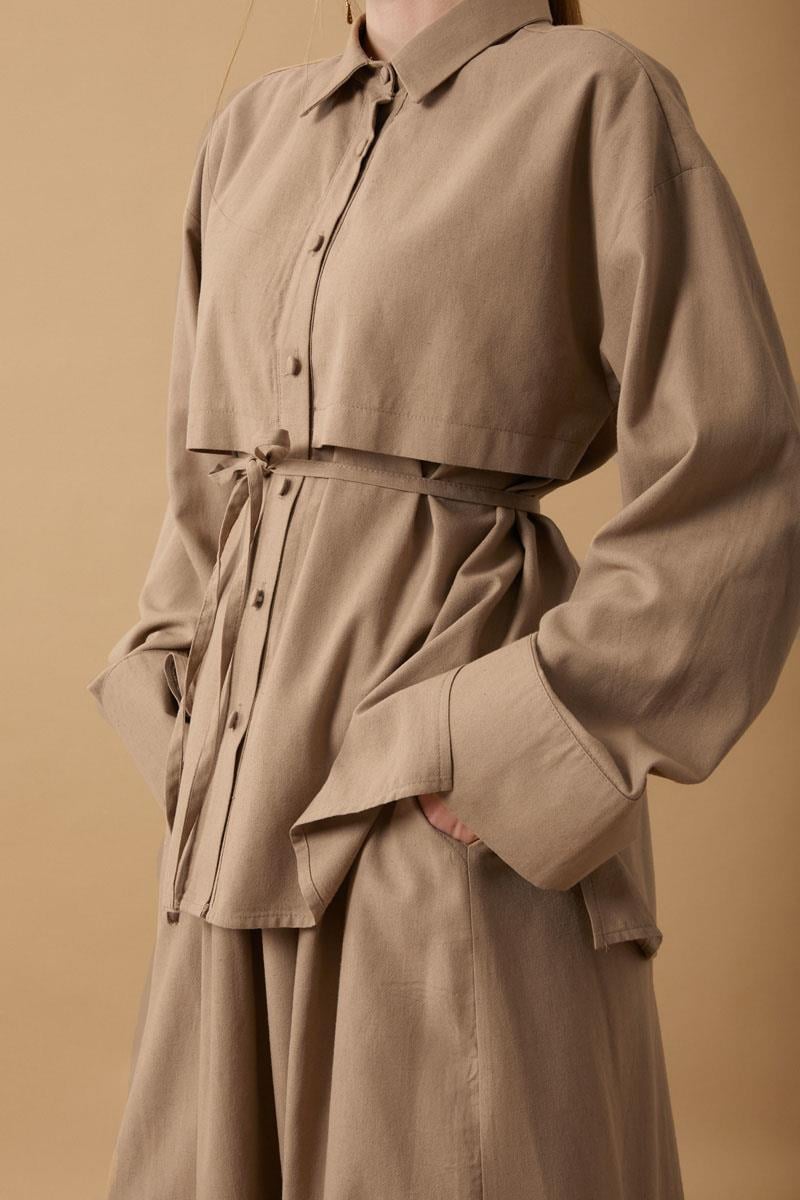 Rüzgarlıklı Keten Etek Takım Vizon