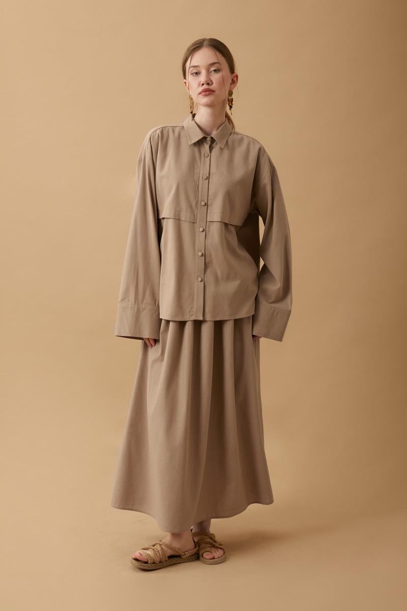 Rüzgarlıklı Keten Etek Takım Vizon