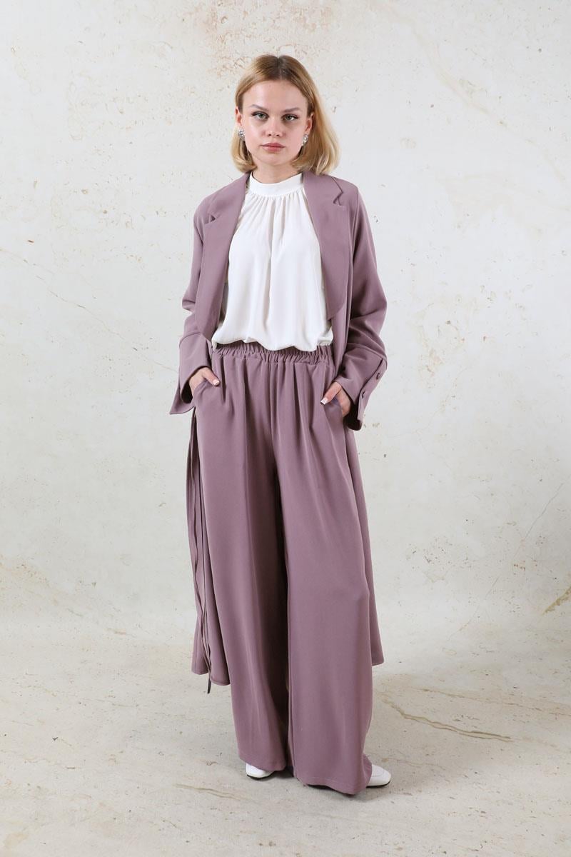 Şal Yaka Krep Takım Lila