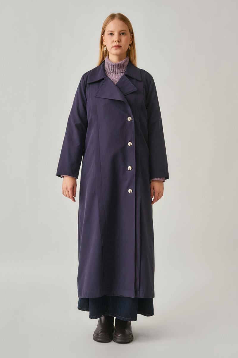 Şerit Dikiş Detaylı Trençkot Lacivert