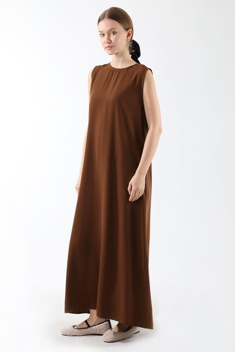 Sıfır Kol Uzun İçlik Elbise Acı Kahve