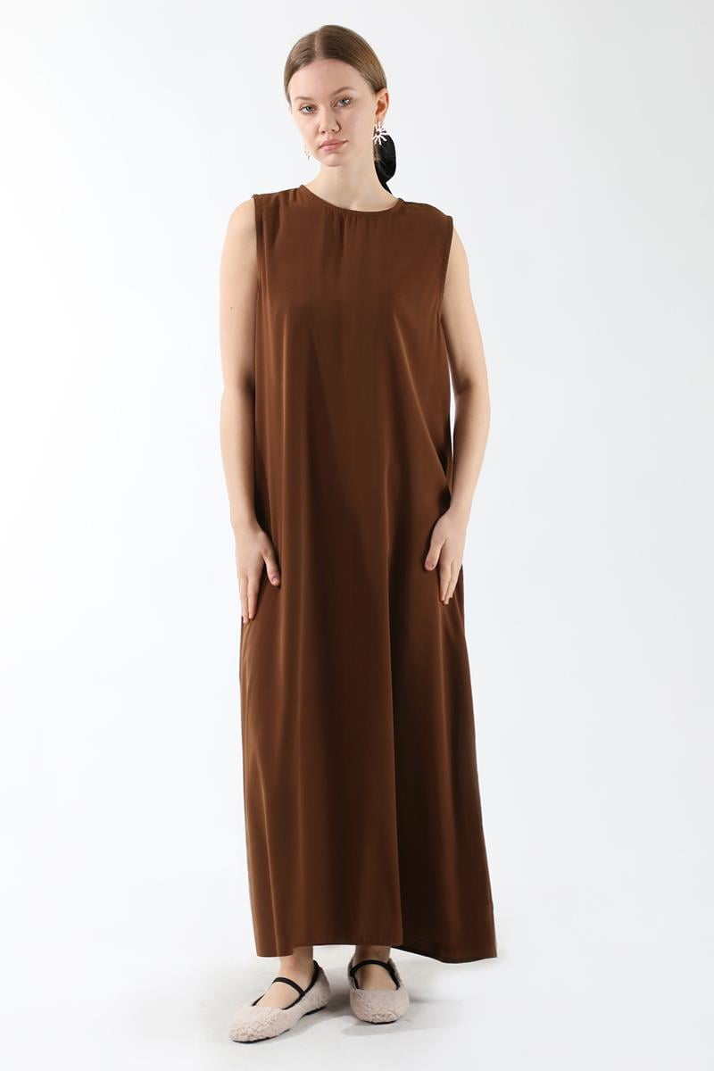 Sıfır Kol Uzun İçlik Elbise Acı Kahve