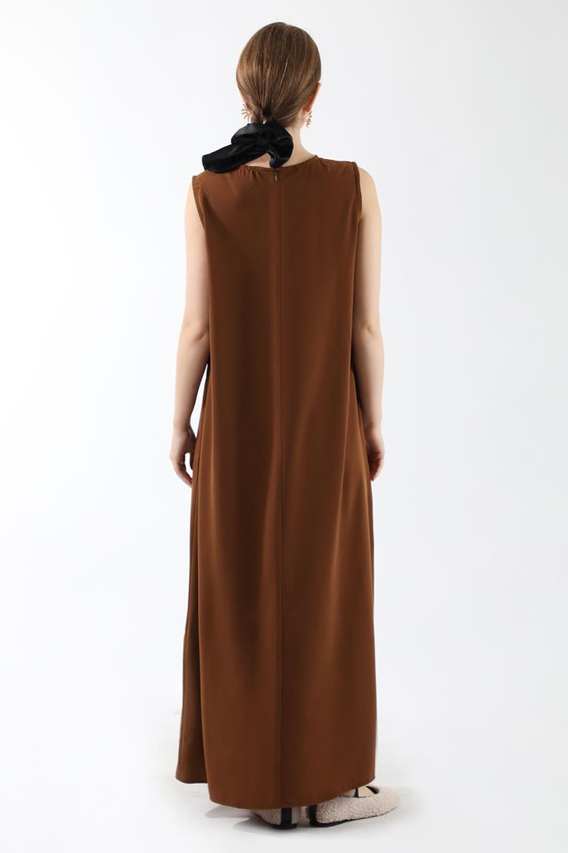 Sıfır Kol Uzun İçlik Elbise Acı Kahve