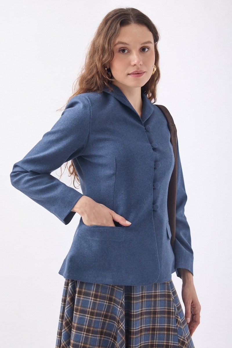 Slim Fit Yüksek Yaka Yönlü Ceket İndigo