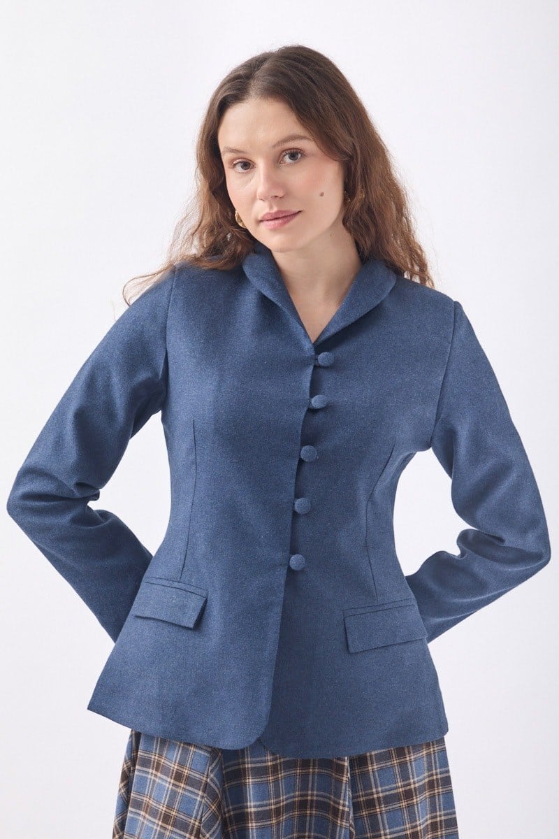 Slim Fit Yüksek Yaka Yönlü Ceket İndigo