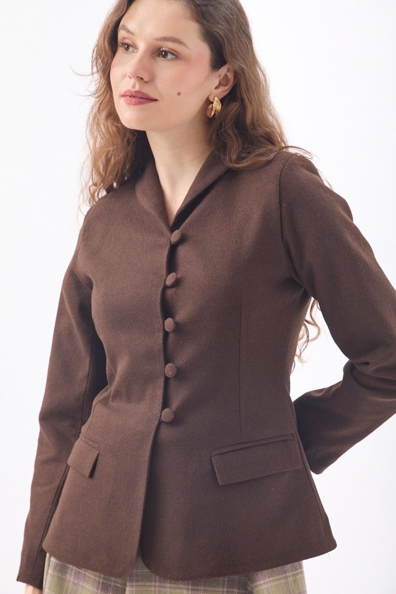 Slim Fit Yüksek Yaka Yönlü Ceket  Kahve