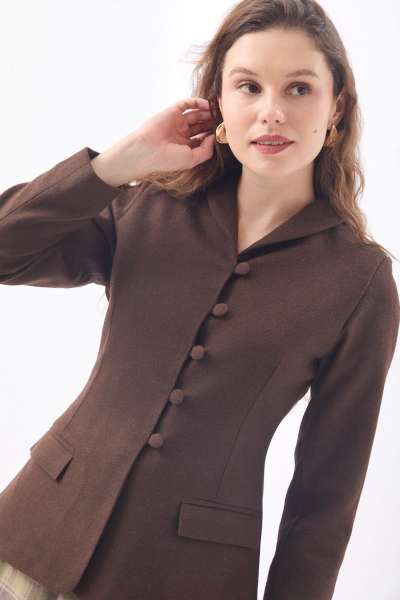 Slim Fit Yüksek Yaka Yönlü Ceket  Kahve