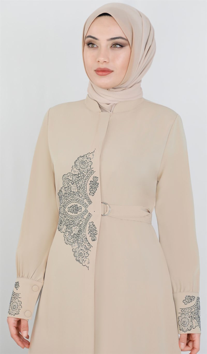 Taş Desenli Bej Ferace