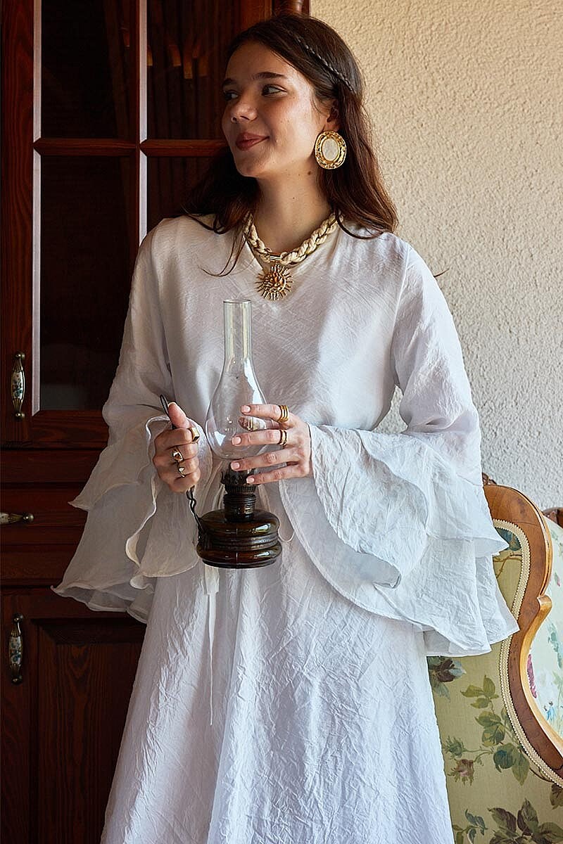 Tencel Kolu Volanlı Elbise 