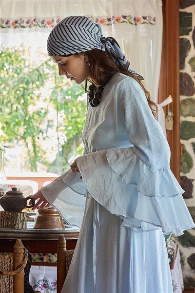 Tencel Kolu Volanlı Elbise 