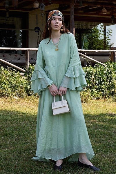 Tencel Kolu Volanlı Elbise 