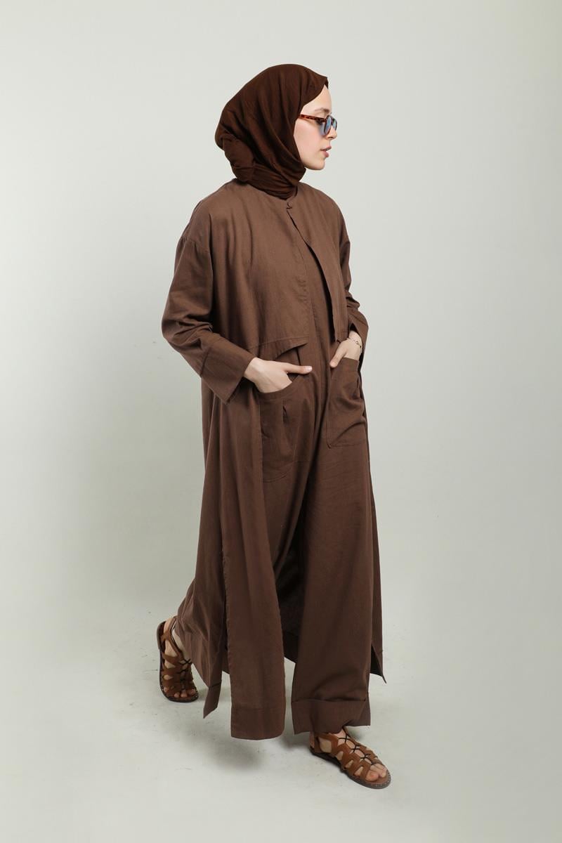 Tulumlu Abaya Takım Kahvrengi