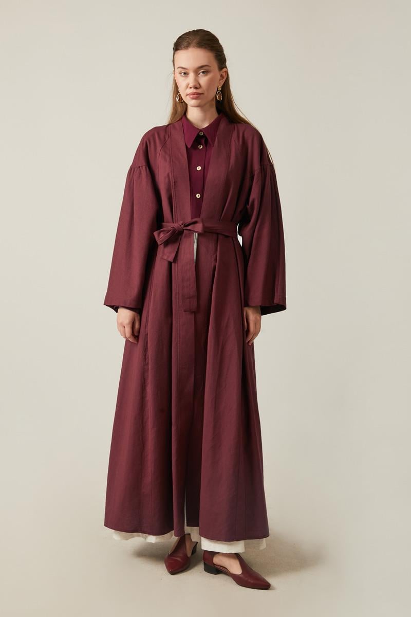 Uzun Keten Kimono Bordo