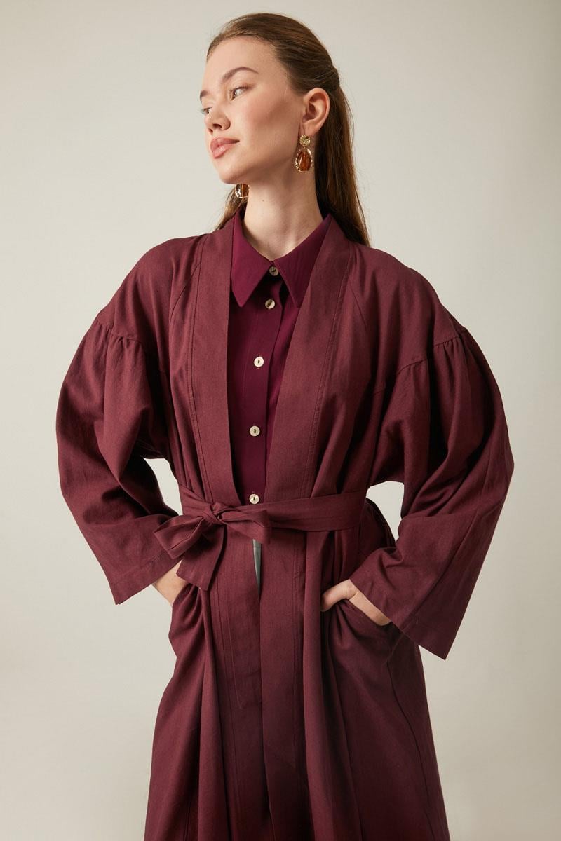 Uzun Keten Kimono Bordo