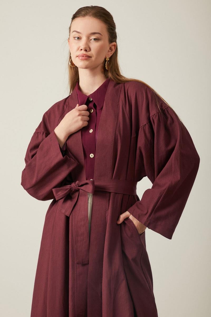 Uzun Keten Kimono Bordo