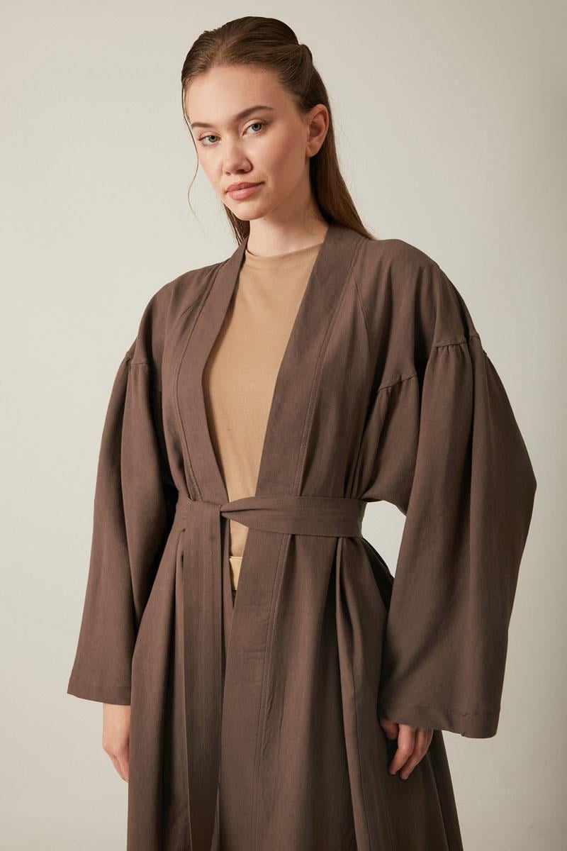 Uzun Keten Kimono Kahverengi