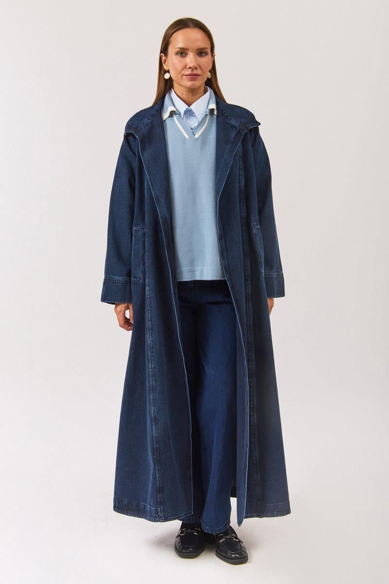 Uzun Kruvaze Denim Trençkot Açık Mavi