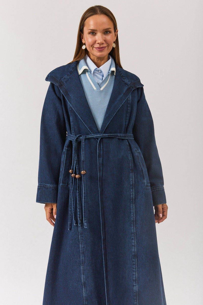 Uzun Kruvaze Denim Trençkot Açık Mavi