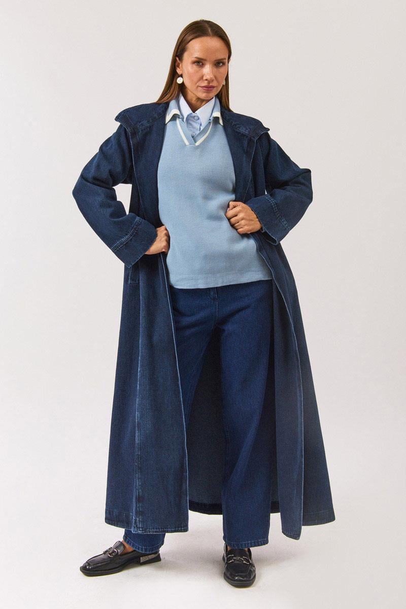 Uzun Kruvaze Denim Trençkot Açık Mavi