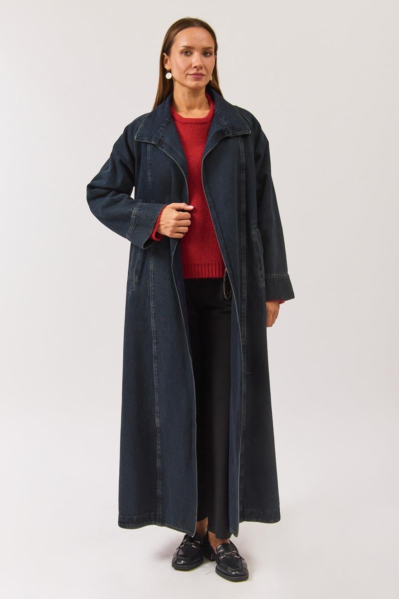 Uzun Kruvaze Denim Trençkot Koyu Mavi
